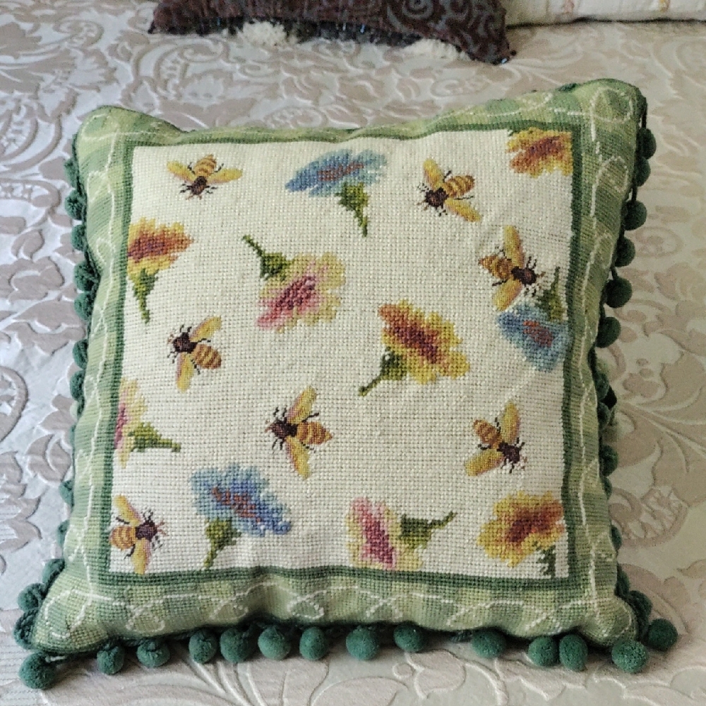 Floral and Bee Embroidered Pillow with Green Accents